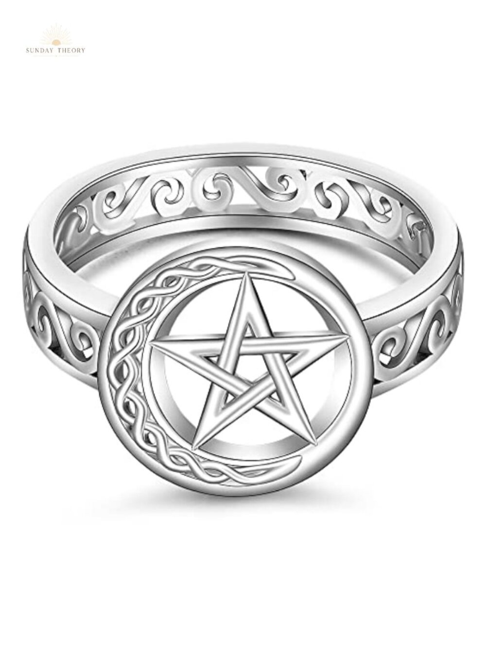 Pentagram Pentacle Ring Sterling Silver Celtic Knot Crescent Moon Witch Wiccan